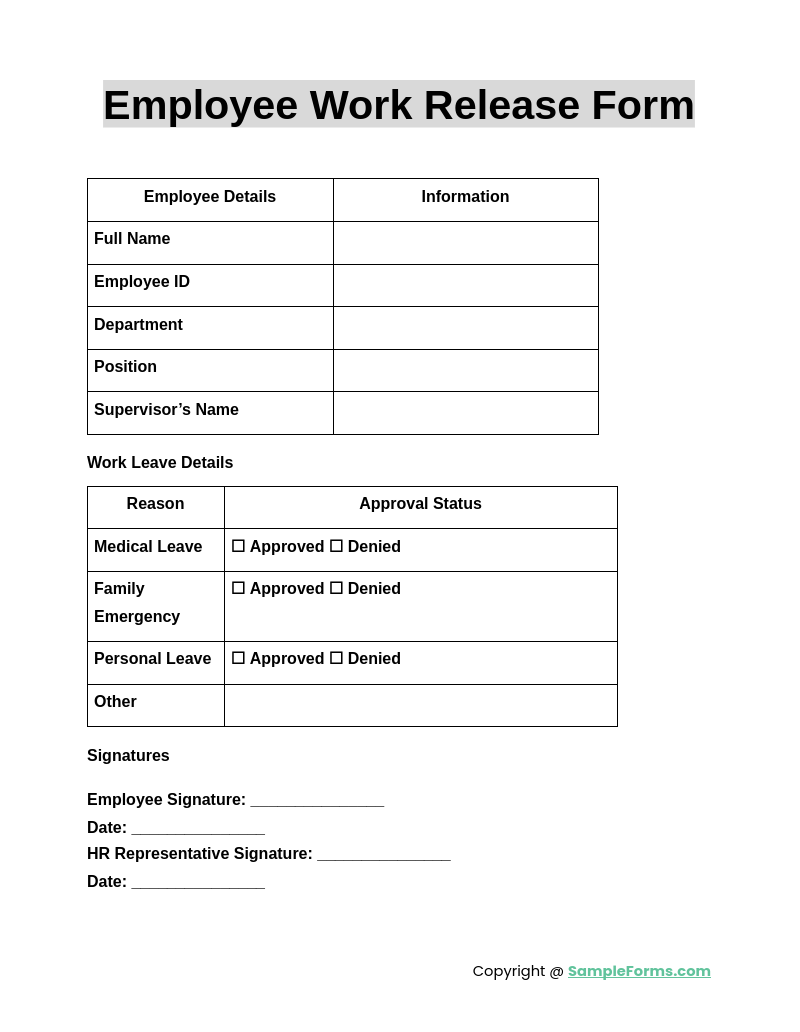 employee work release form