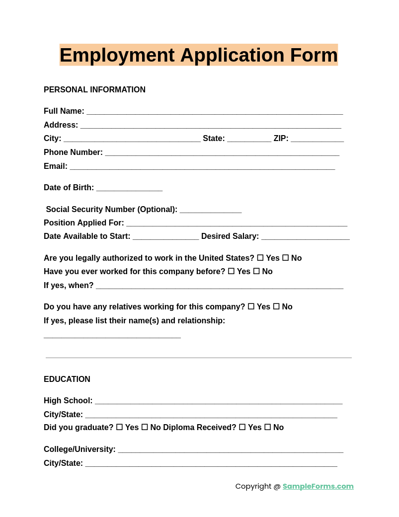 employment application form