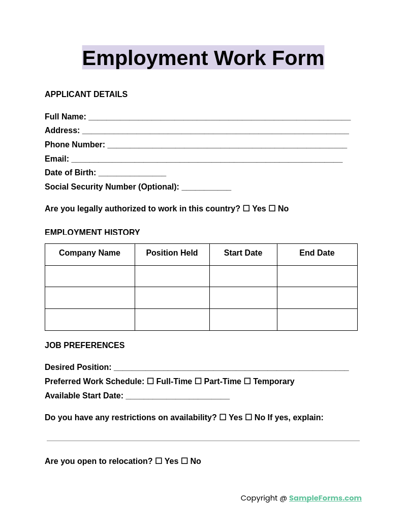 employment work form