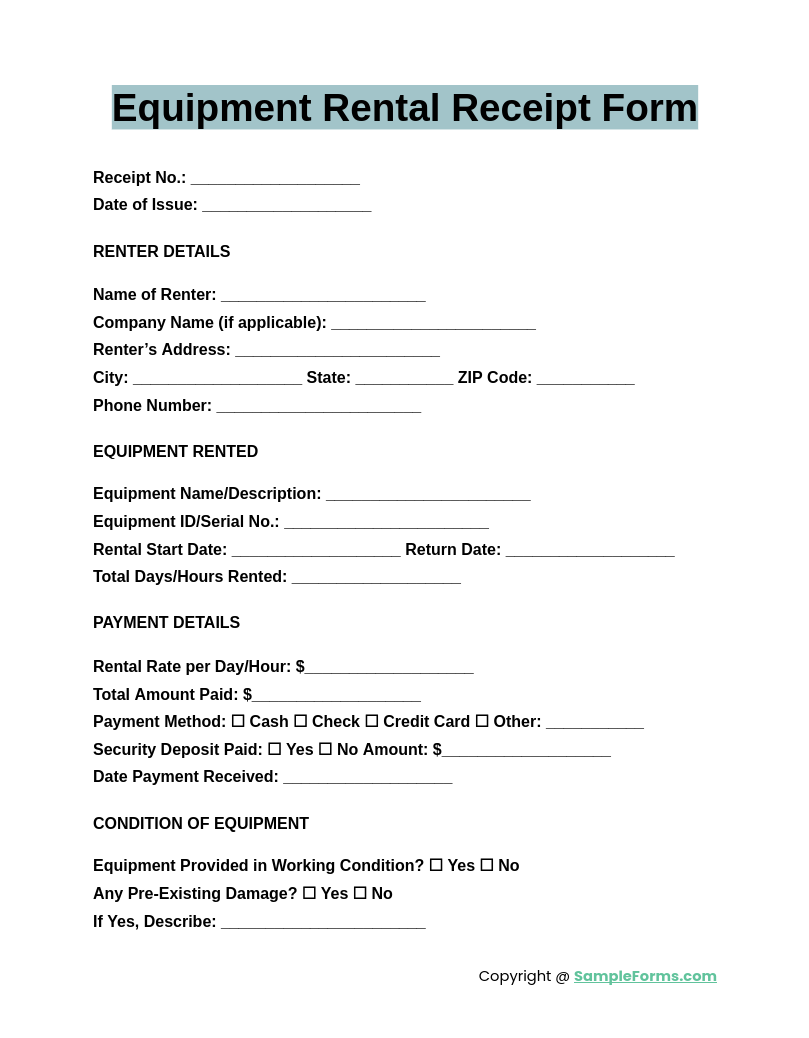 equipment rental receipt form