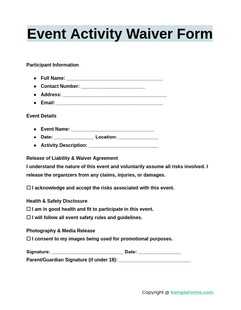 event activity waiver form