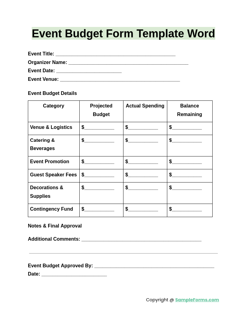 event budget form template word