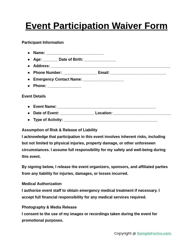 event participation waiver form