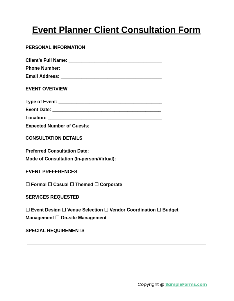 event planner client consultation form