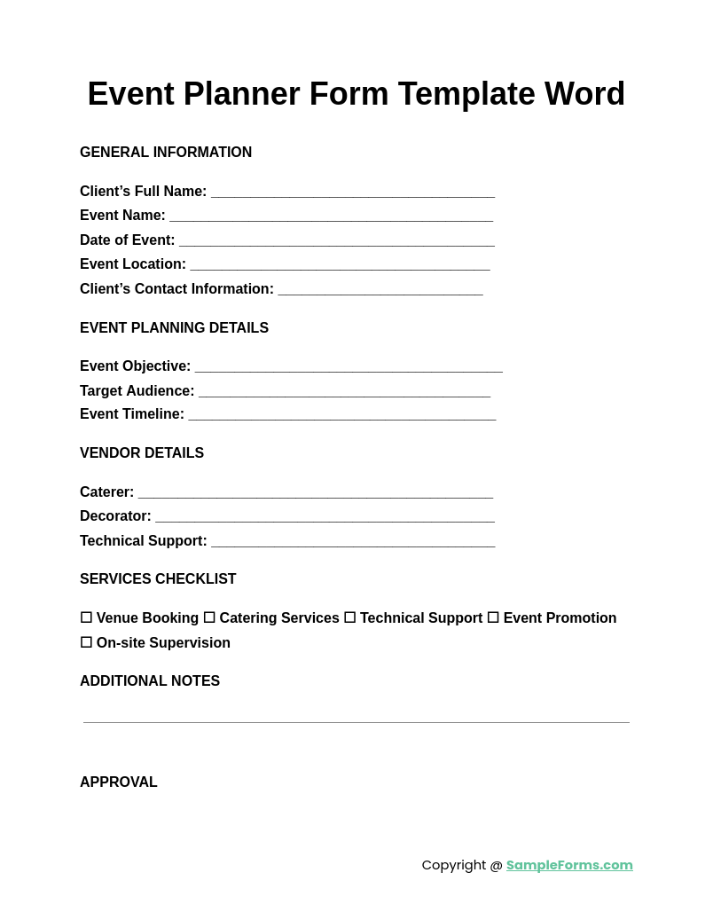 event planner form template word