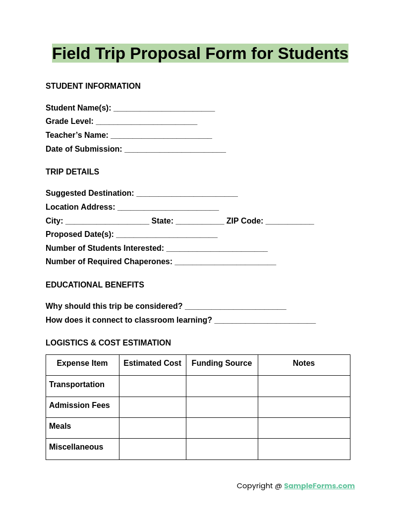 field trip proposal form for students