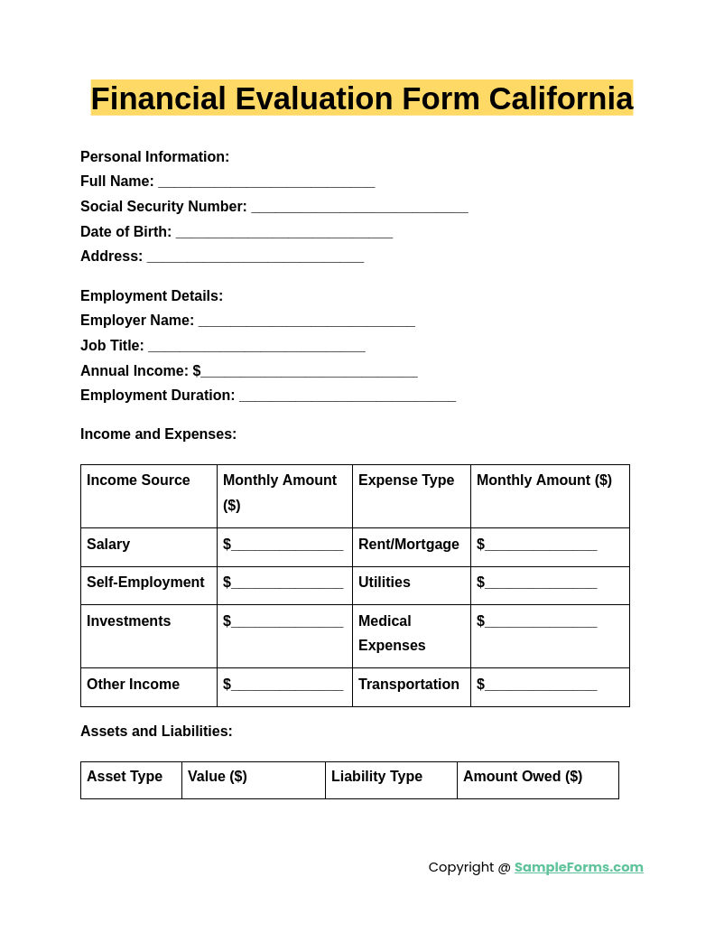 financial evaluation form california