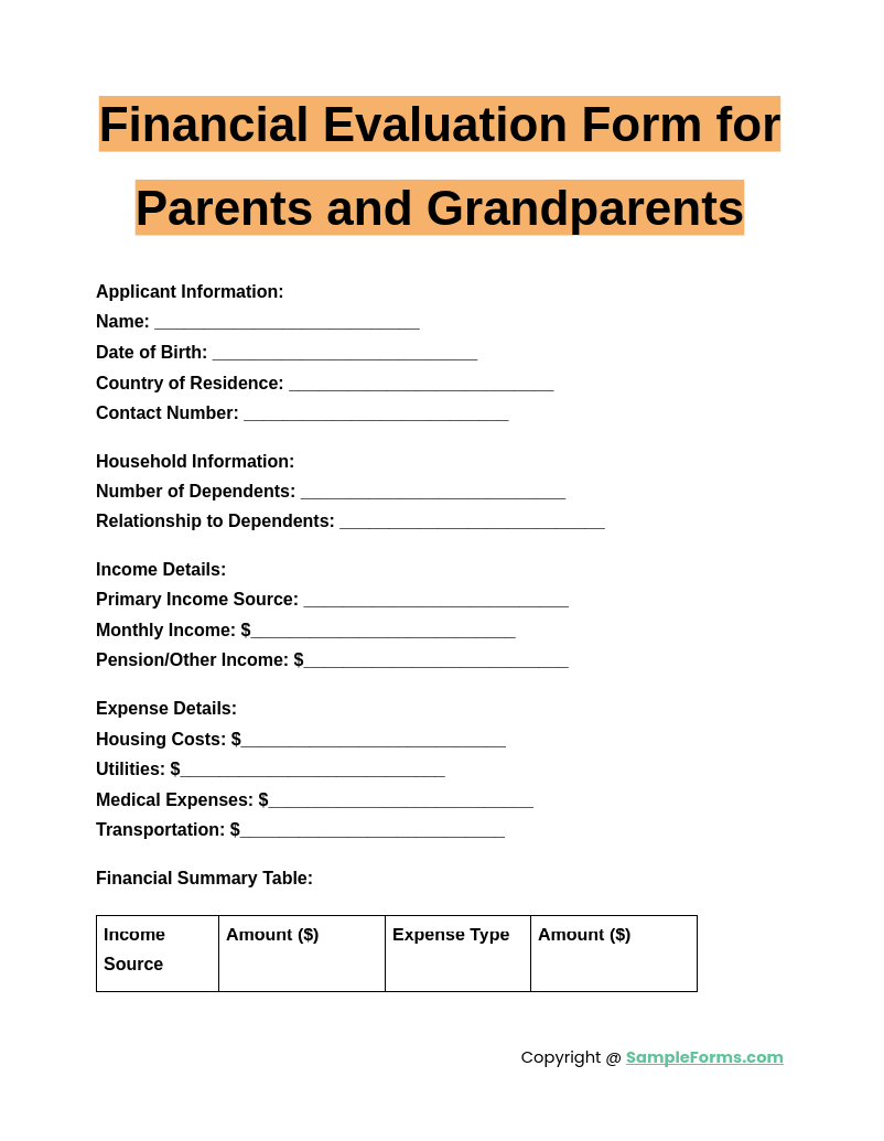 financial evaluation form for parents and grandparents