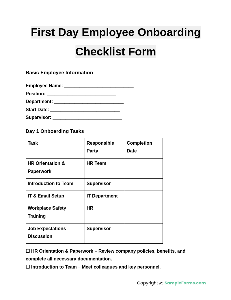 first day employee onboarding checklist form