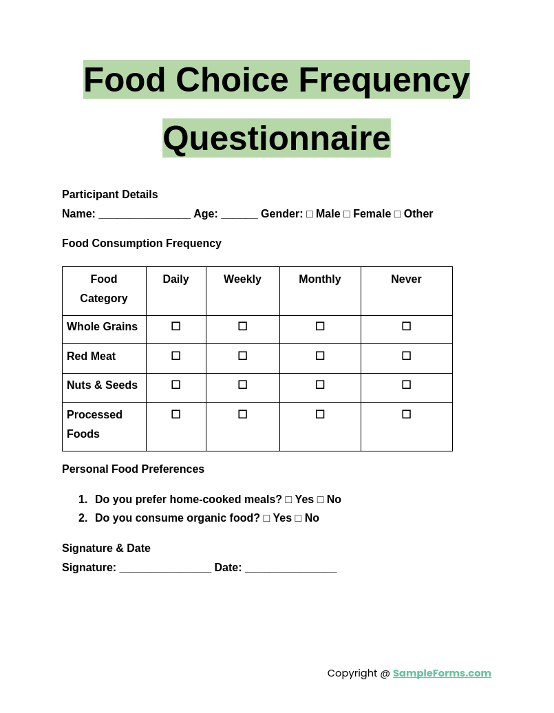 food choice frequency questionnaire