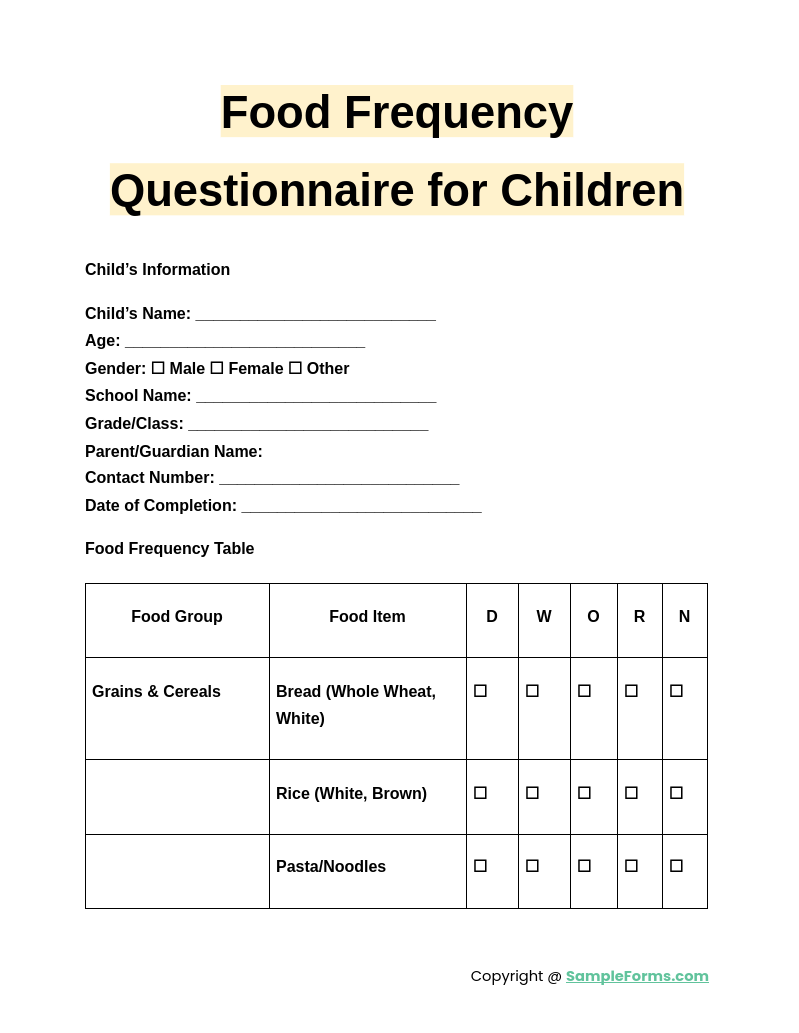 food frequency questionnaire for children