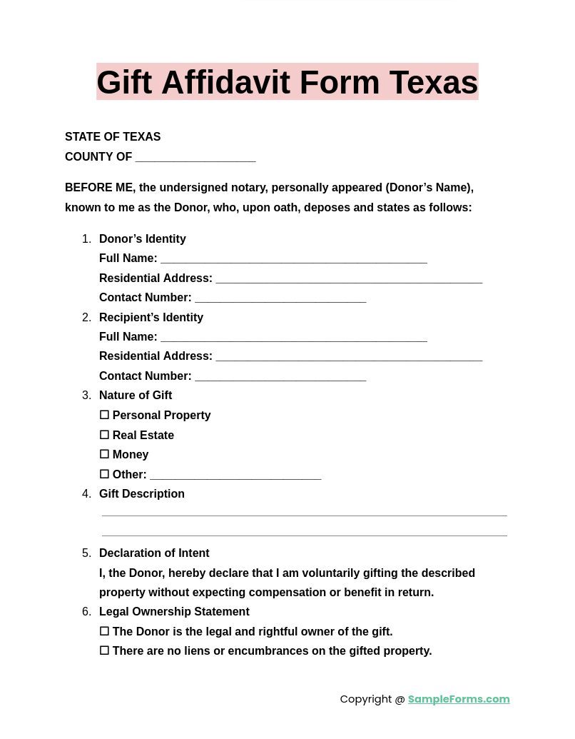 gift affidavit form texas