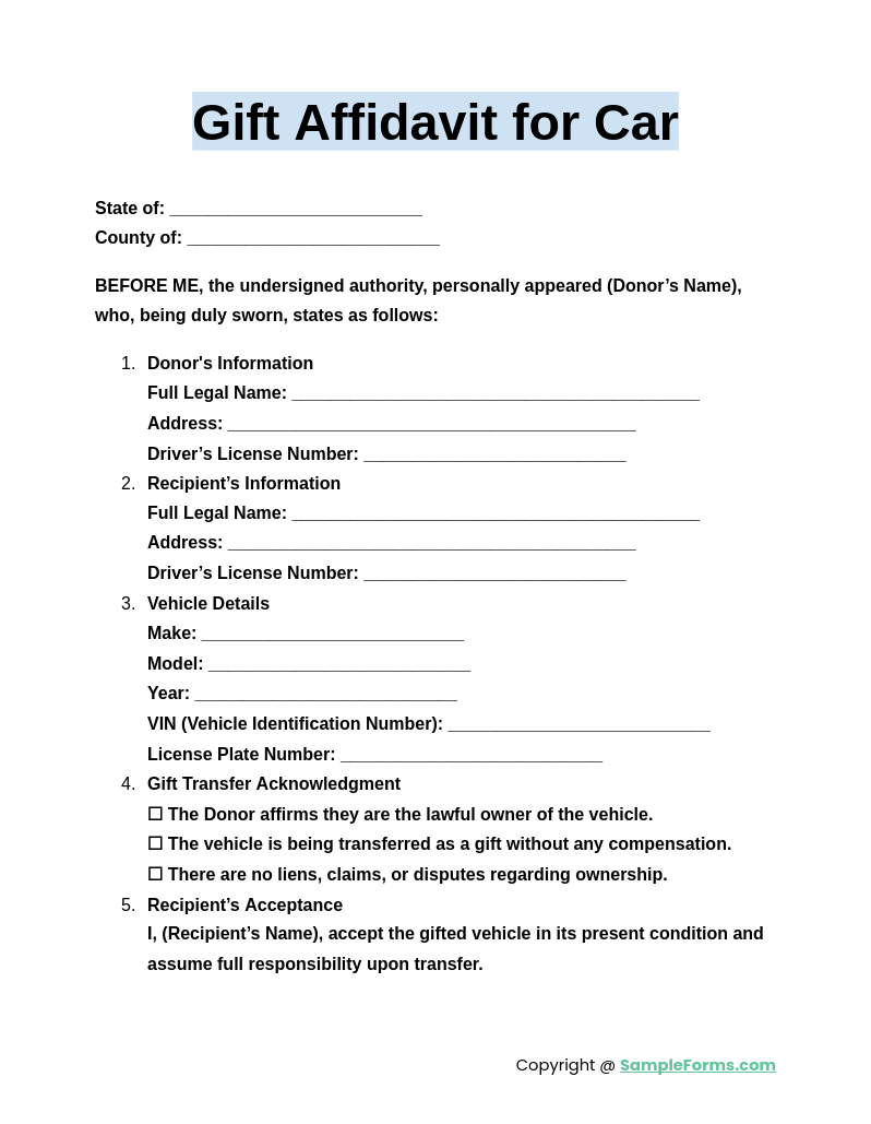 gift affidavit for car