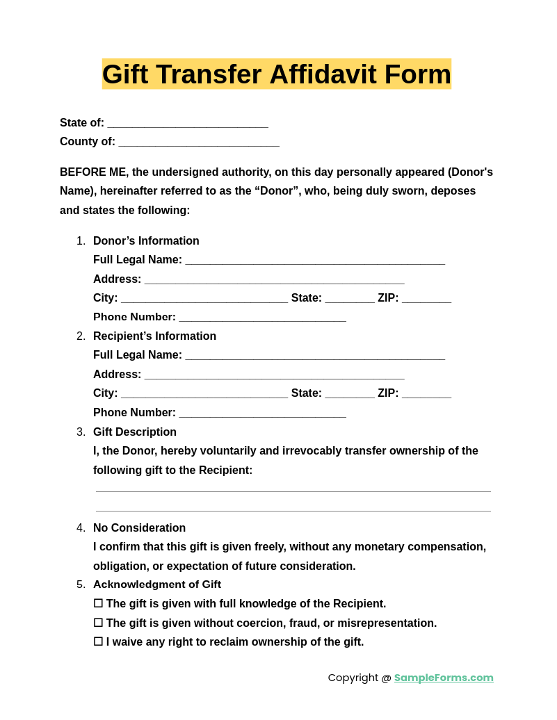 gift transfer affidavit form