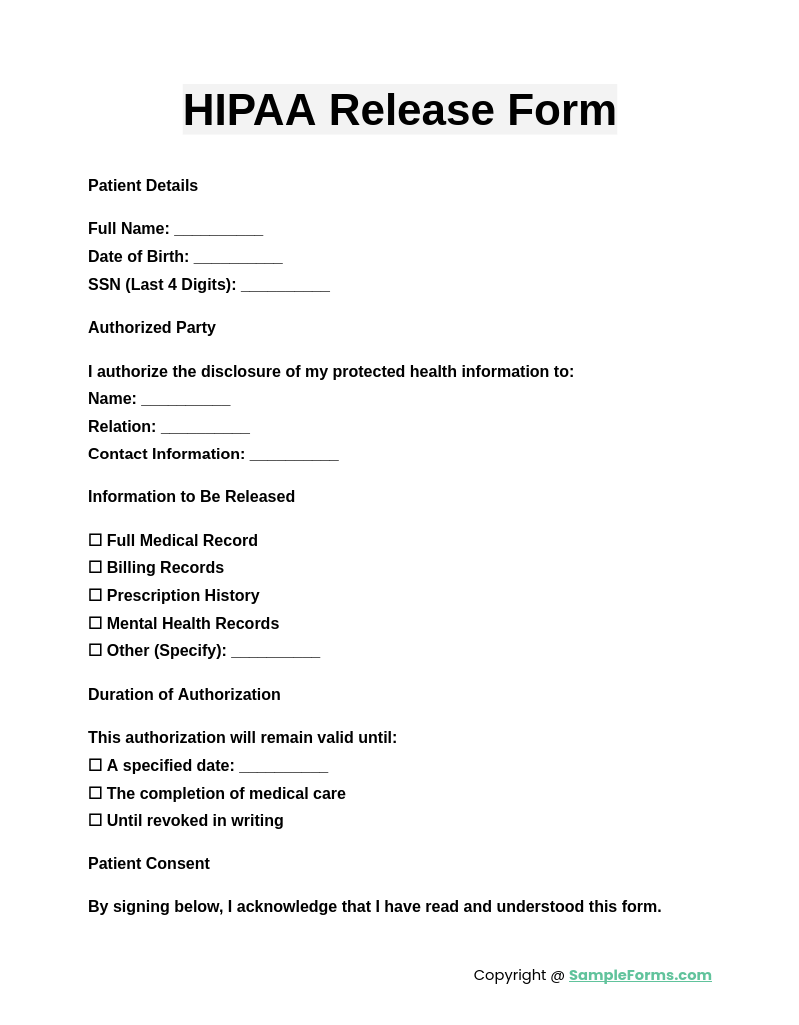 hipaa release form