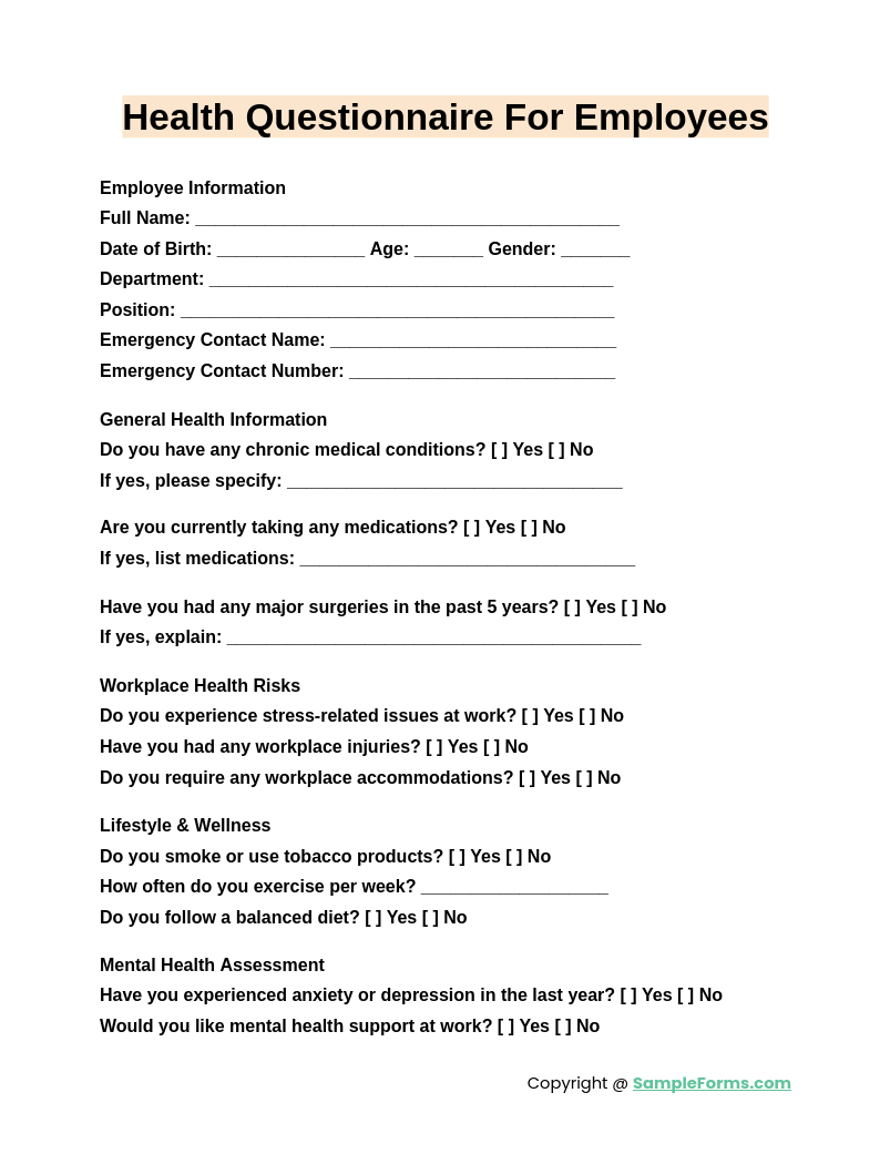 health questionnaire for employees