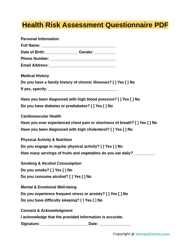 health risk assessment questionnaire pdf