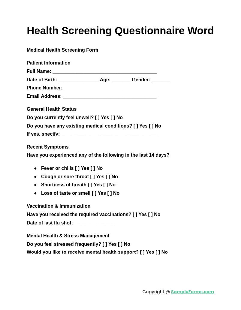 health screening questionnaire word