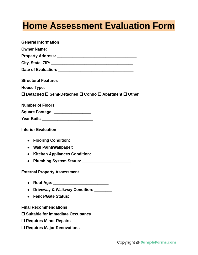 home assessment evaluation form