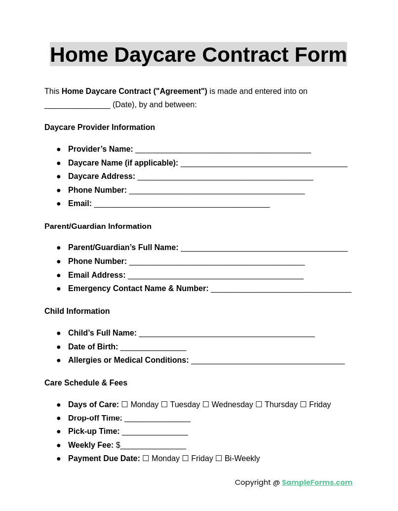 home daycare contract form 