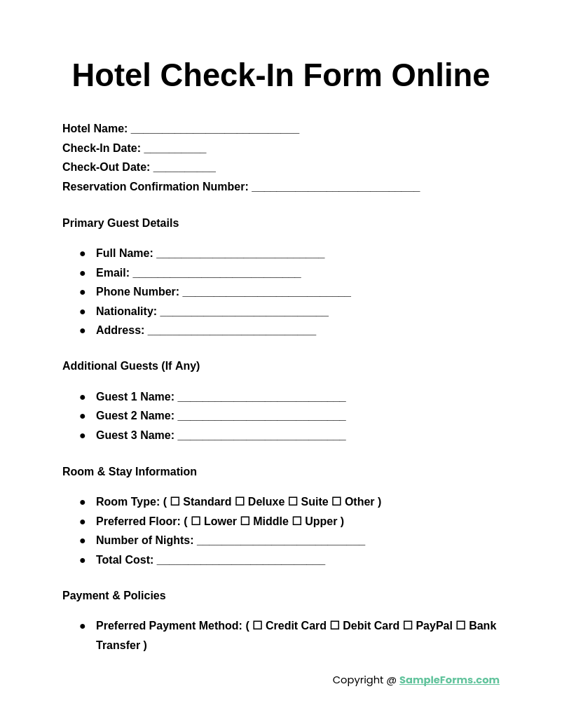 hotel check in form online