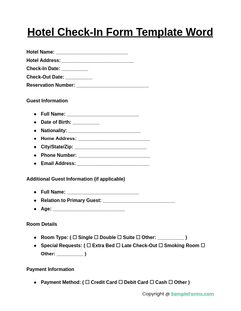 hotel check in form template word