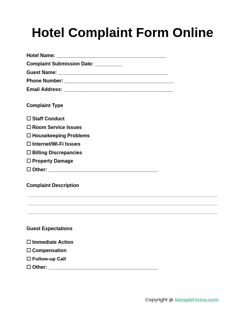 hotel complaint form online