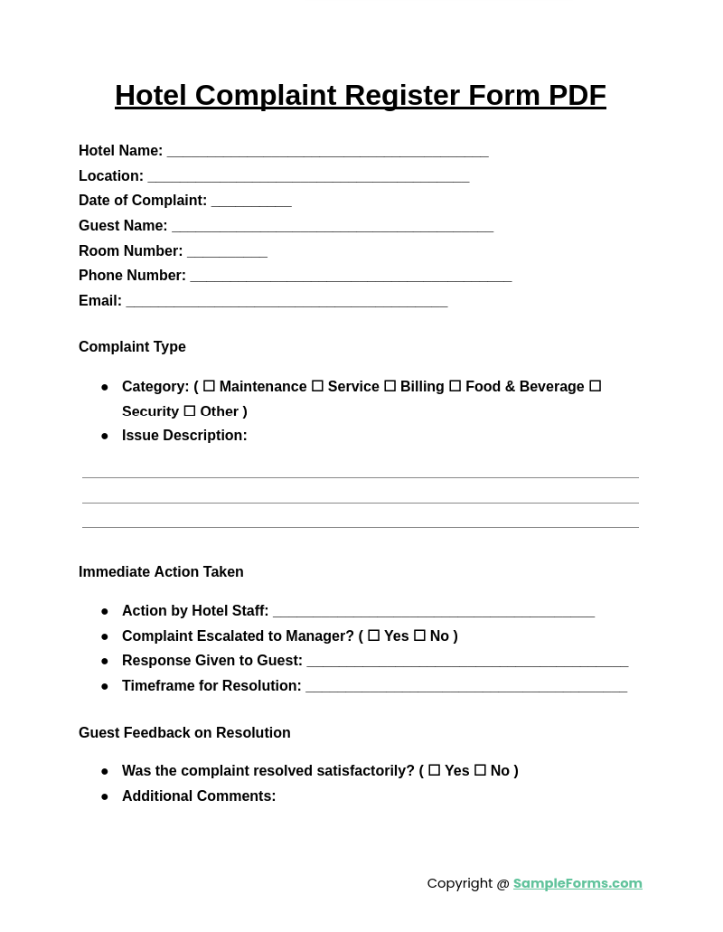 hotel complaint register form pdf