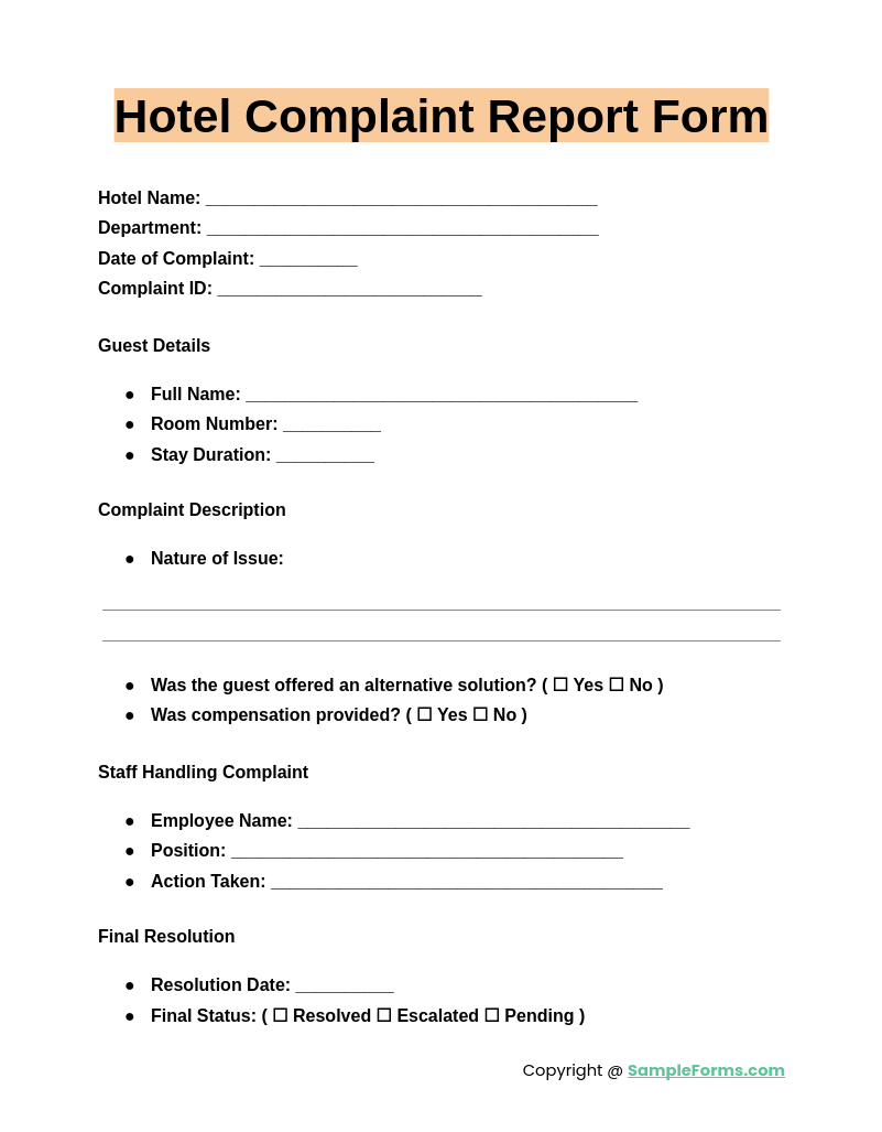 hotel complaint report form