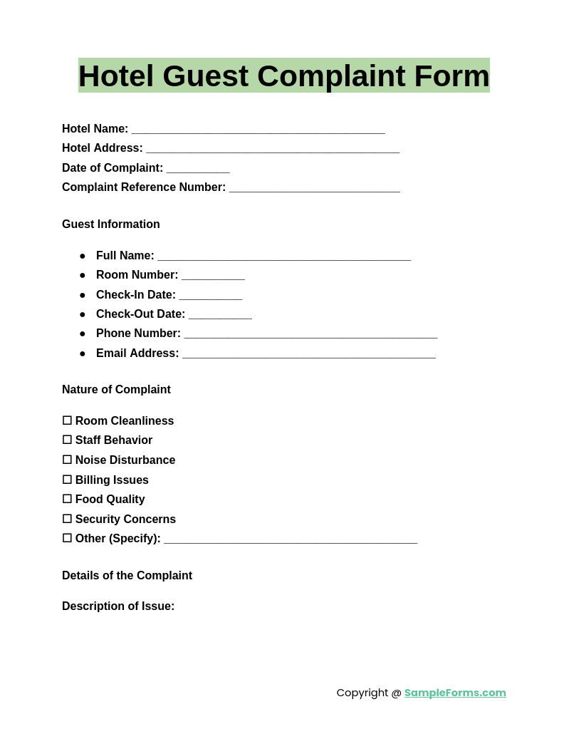 hotel guest complaint form