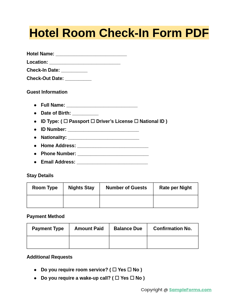 hotel room check in form pdf