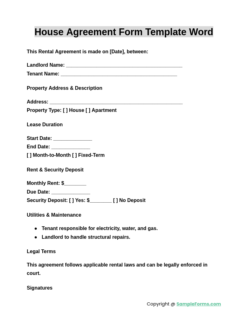 house agreement form template word