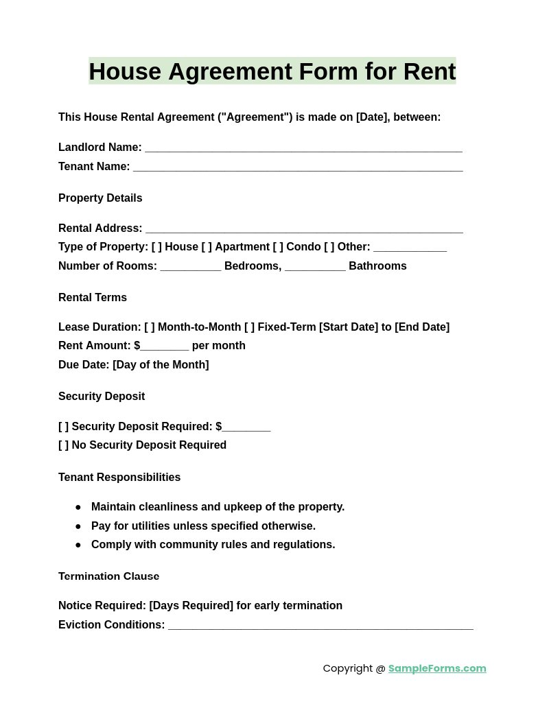 house agreement form for rent