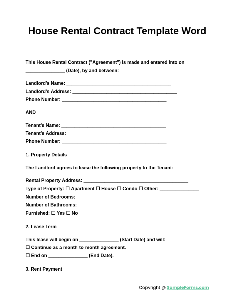 house rental contract template word