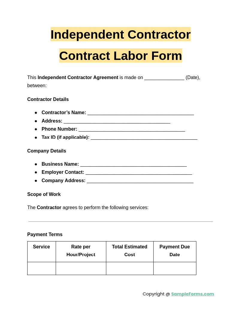 independent contractor contract labor form