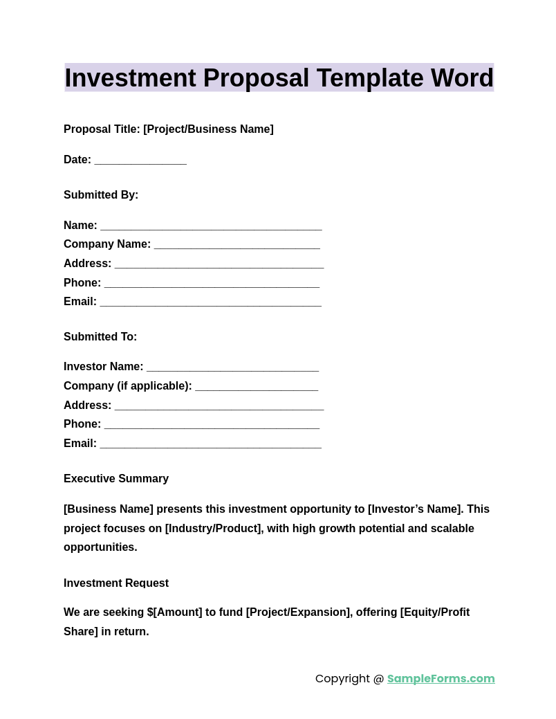 investment proposal template word