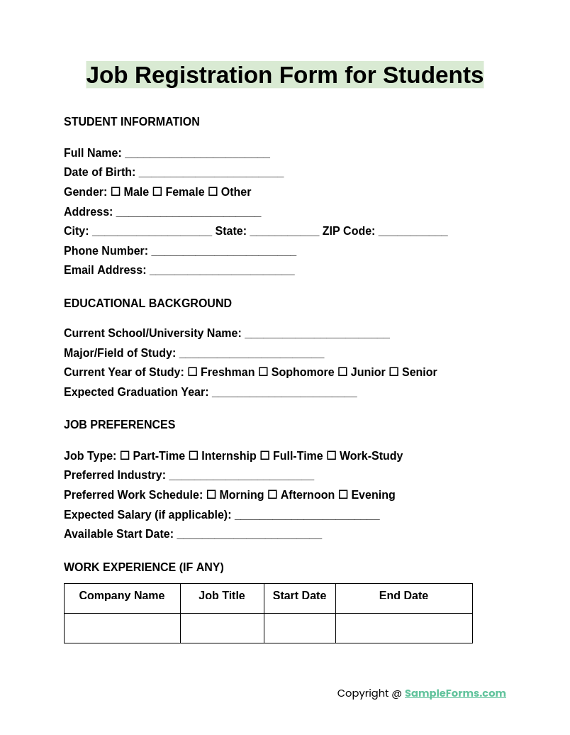 job registration form for students