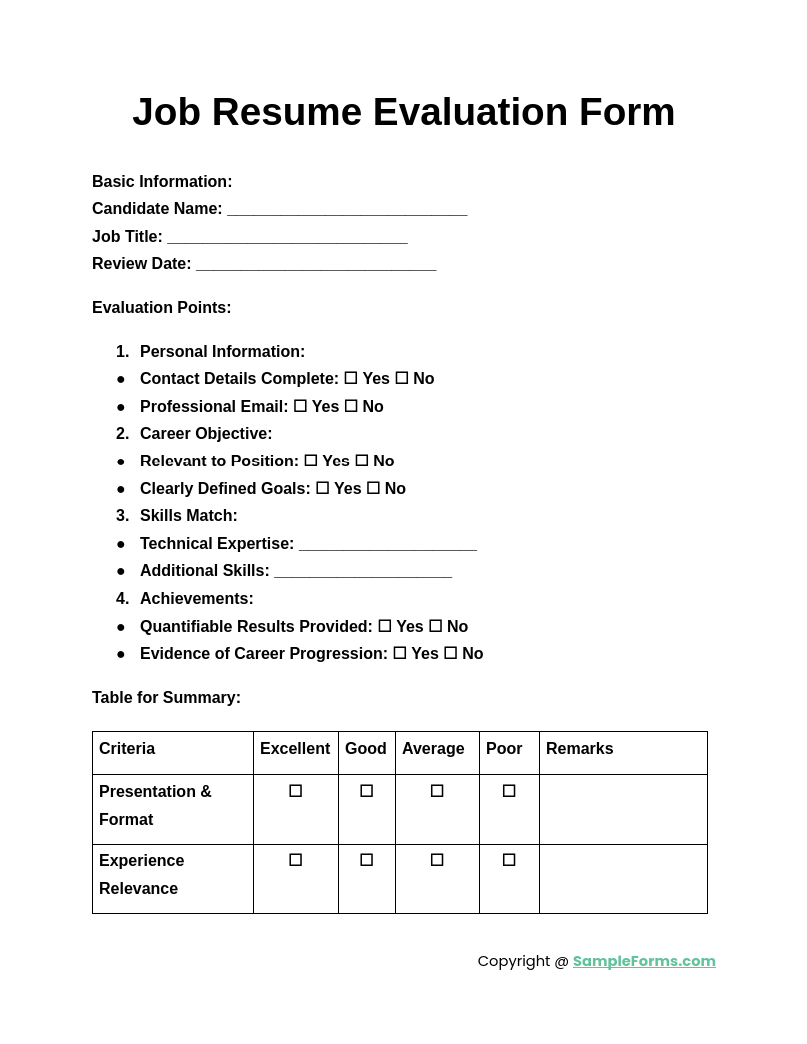 job resume evaluation form