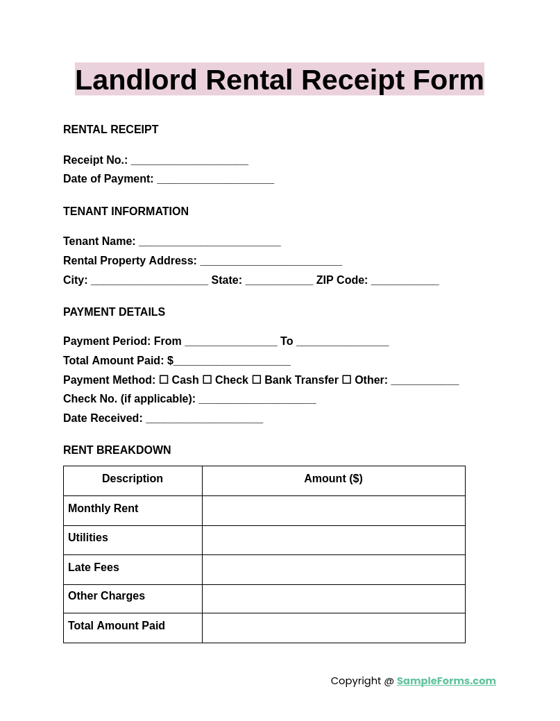 landlord rental receipt form