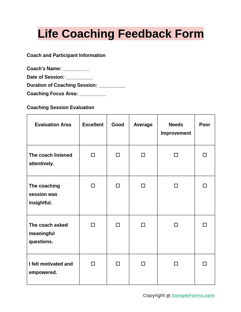 life coaching feedback form