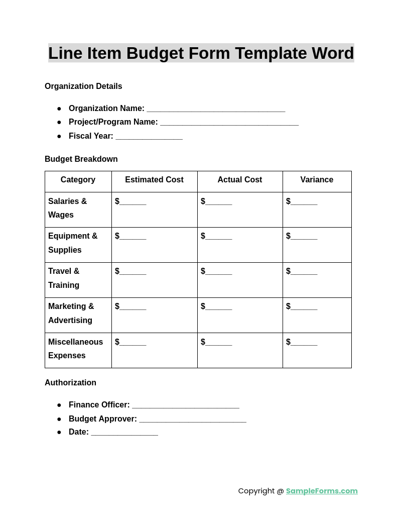 line item budget form template word