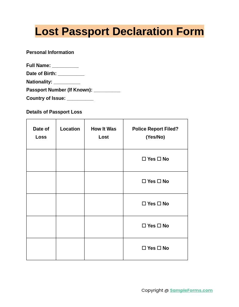 lost passport declaration form