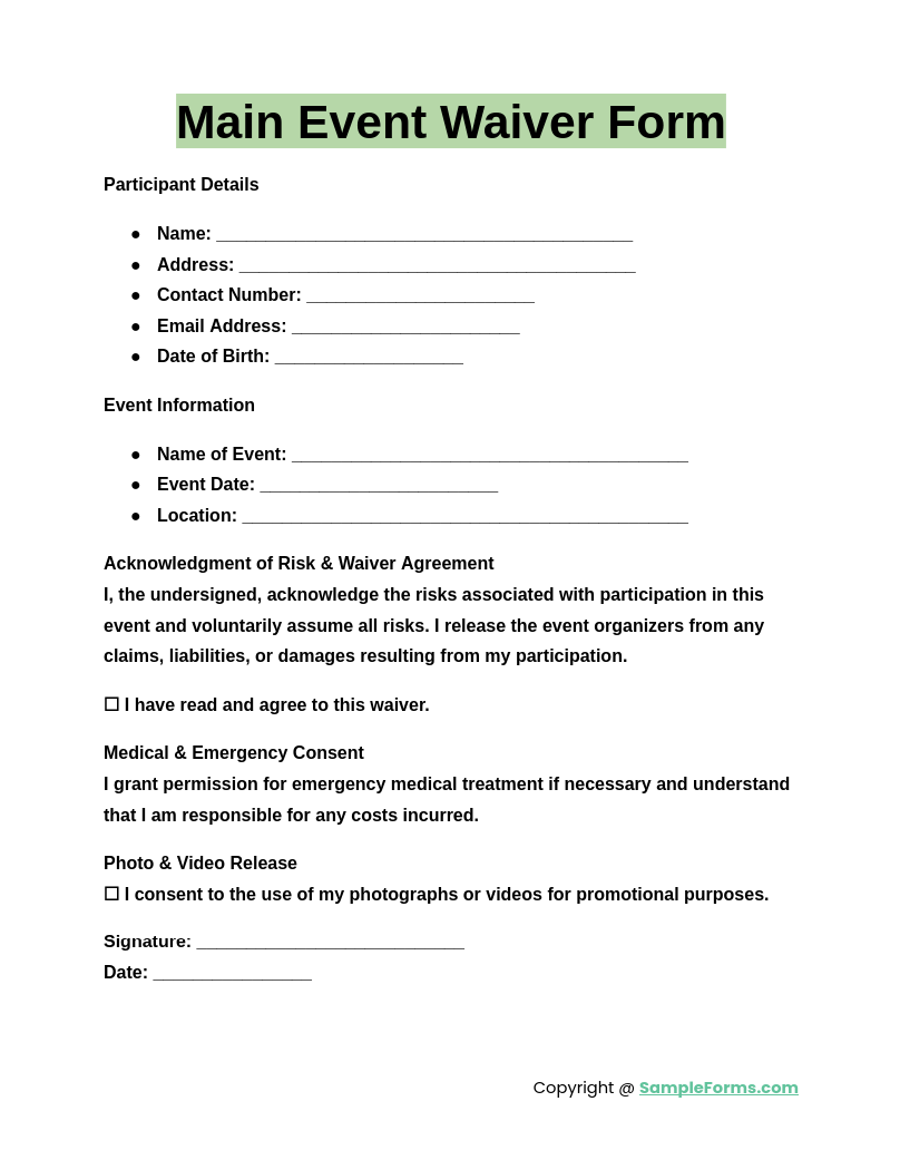 main event waiver form