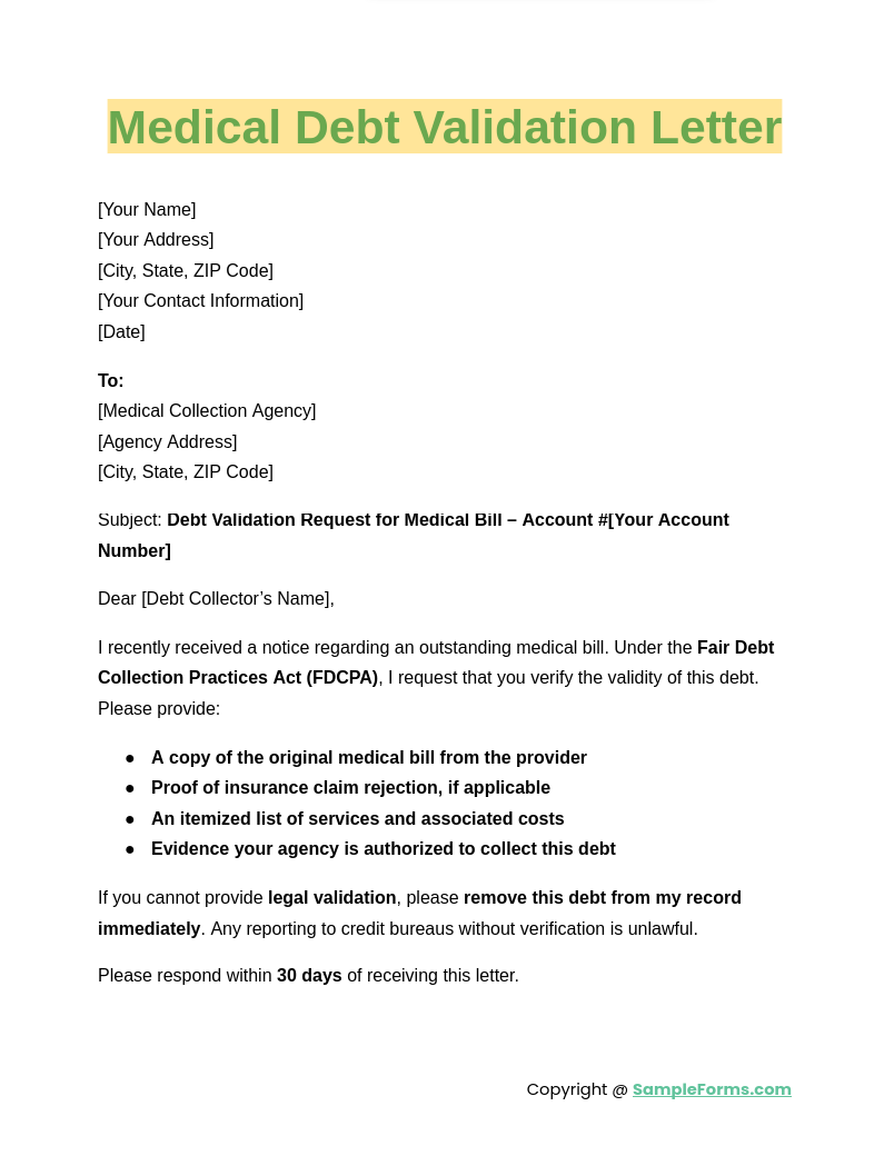 medical debt validation letter