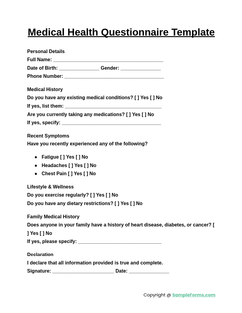 medical health questionnaire template