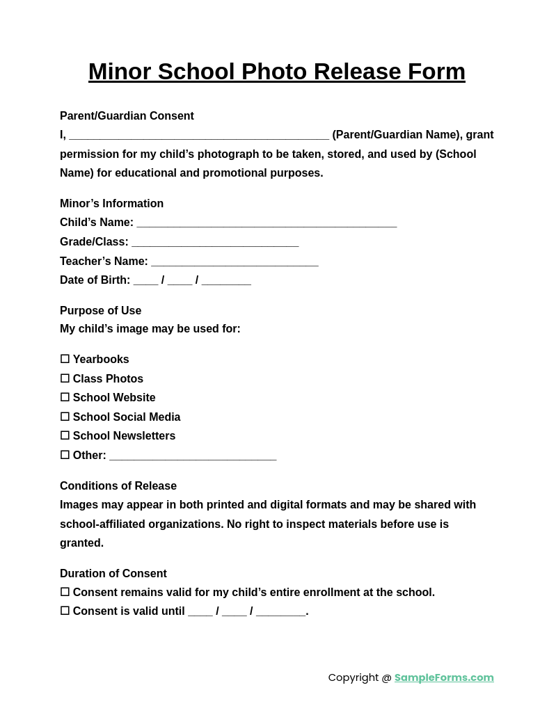 minor school photo release form