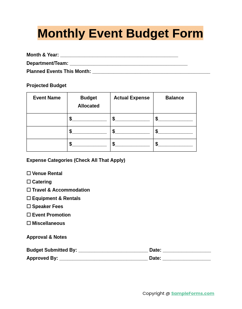 monthly event budget form