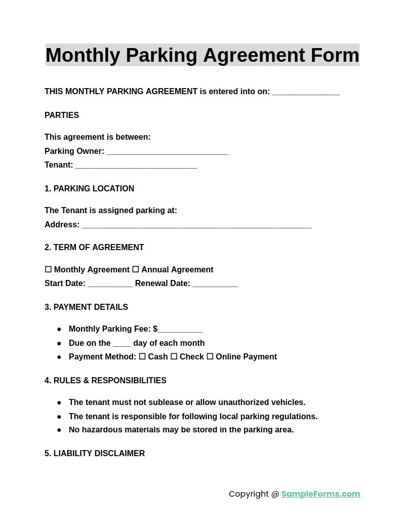 monthly parking agreement form