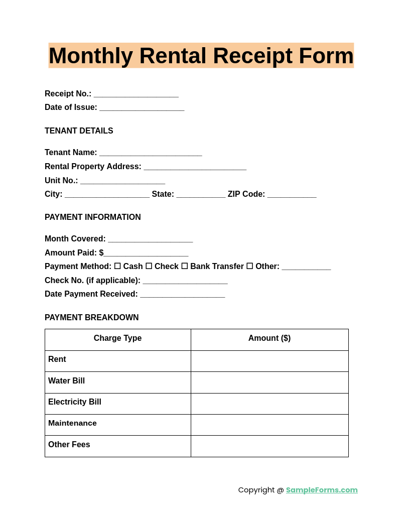 monthly rental receipt form