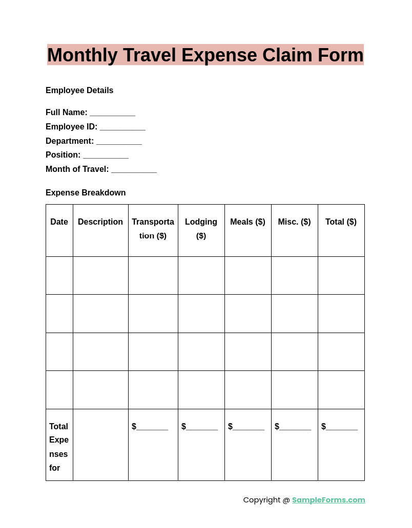 monthly travel expense claim form